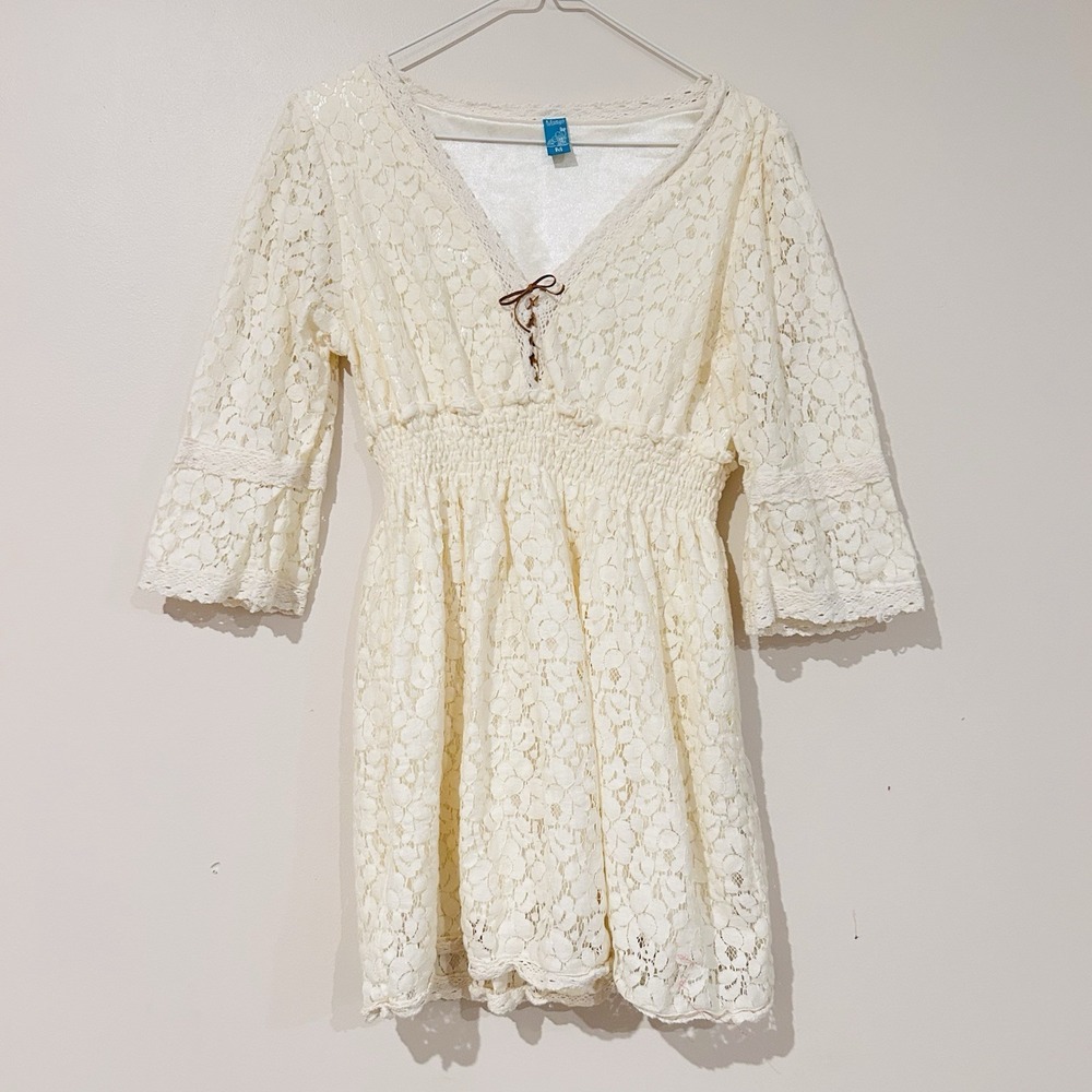 Crochet Babydoll Floral Mini Dress Sz M Lace Up Coquette Fairy Ruche Urban Mango